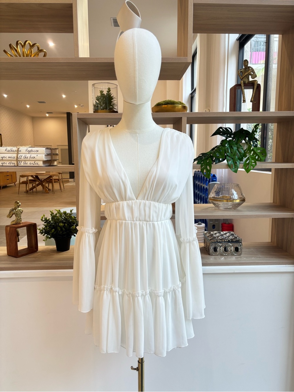 Miss Lola White Deep V-Neck Long Sleeve Tiered Mini Dress
